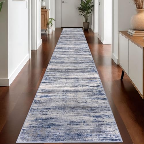 KOZYFLY Modern Abstract Washable Long Rug Runner 2.6x18 Hallway Rug Runner Non-Slip Soft Stair Runners, Grey-Blue Striped 18 feet Runner Rug for Kitchen Entryway Bathroom Laundry Room Foyer - color: Blue-grey, size: 2'8" x 18' (Runner)