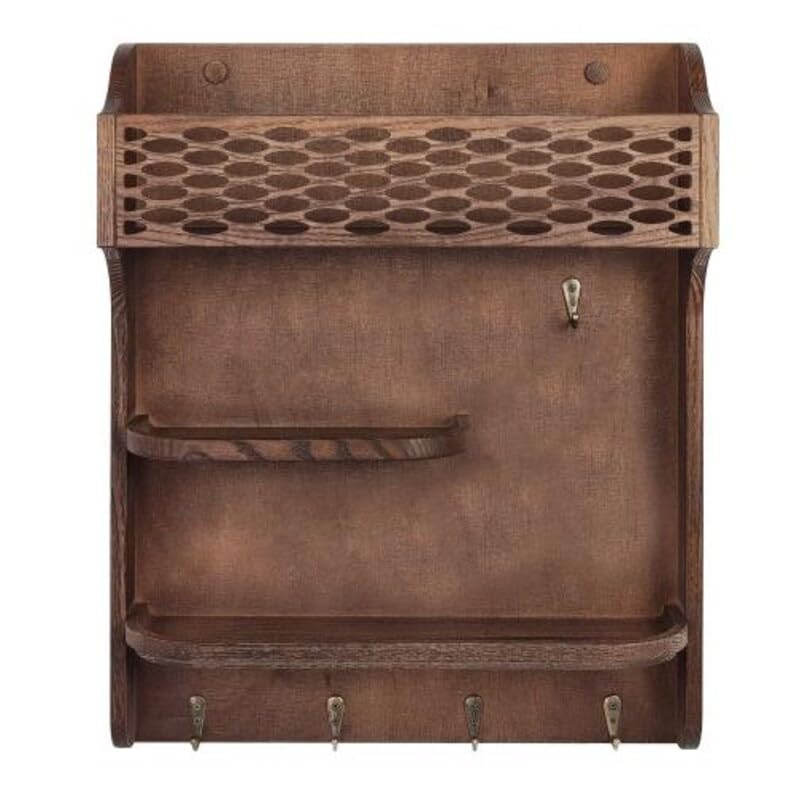 Rustic Wall Mounted Key Holder with Mail Sorter, Wooden Entryway Organizer with Hooks and Shelves, Walnut Finish Key Rack for Hallway, Living Room