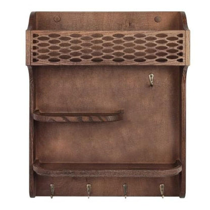 Rustic Wall Mounted Key Holder with Mail Sorter, Wooden Entryway Organizer with Hooks and Shelves, Walnut Finish Key Rack for Hallway, Living Room