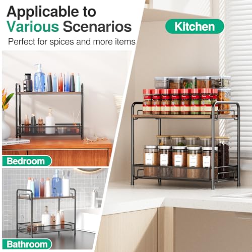 Spice Rack Organizer for Countertop with Wood Top, 2-Tier Foldable Metal Rust-Proof Standing Large Seasoning Storage Shelf with Guardrail & Mesh Design for Kitchen Cabinet Living Room, Black - size: Black-1 pack (with Wood Top)