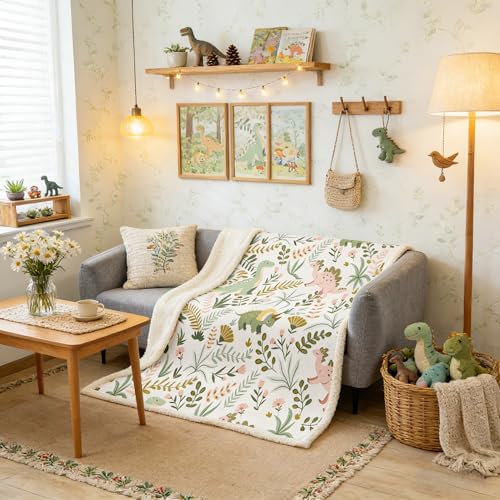 Castle Fairy Cute Dino Kids Plush Blanket,Kawaii Pink Green Dinosaur Bed Blanket Home Decor Gift,Cartoon Wildlife Floral Leaves Plant Modern Style Fuzzy Blanket Office Chair, X Size (40 x 50 Inch) - color: Multi 03, size: 40"×50"