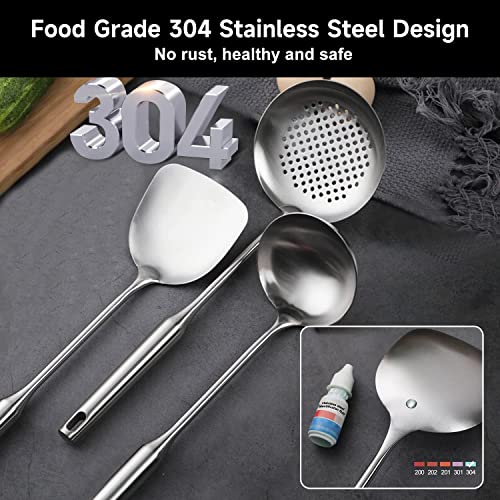 Wok Utensils for Carbon Steel, Stainless Steel Wok Spatula, Wok Tools Professional Set, 3-Pieces Food-Grade 304 Stainless Steel Cooking Utensils All Metal, Dishwasher Safe - color: Natural 3