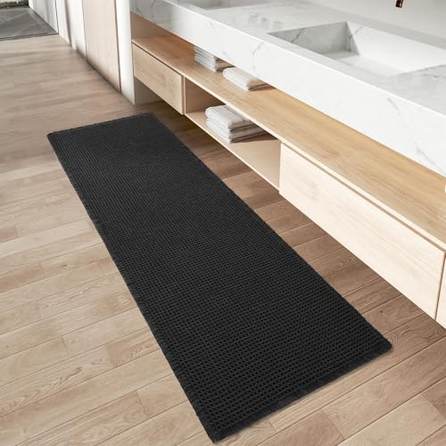 AMOAMI Upgraded Waffle Runner Rug, Super Absorbent Non Slip Bath Mats for Bathroom Floor, Washable Bathroom Runner Rug with Tassels, Ideal for Hallway Bedroom Laundry Room, Black, 2'x 4'(24" x 48") - color: Black, size: 2' x 4' (Runner)