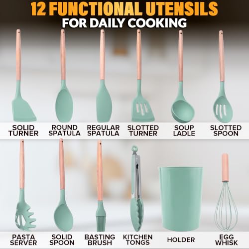 12 Pcs Kitchen Accessories Set with Holder, Silicone Heads (Light Green) | Kitchen Utensils Set for Cooking and Baking; Wooden Handles; Heat-Resistant up to 446°F; Non-Scratch for Nonstick Pans - color: Light Green