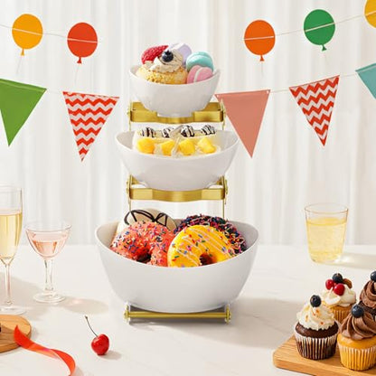 Lifewit 3 Tier Plastic Serving Bowls for Party, Chip and Dip Serving Set | Tiered Serving Tray with Gold Metal Stand for Fruit, Snack, Crack-Proof Platter for Buffet Display, Party Hosting Essentials - color: Gold