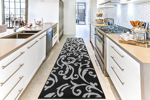 Hallway Runner Rug Non Slip Rubber Backing, 26 inch x 6 ft, Scroll, Black & White, Heavy Duty Berber Style Carpet Runner for Entryway, Kitchen, Bathroom, Bedroom, Laundry Room. - color: Scroll Black, size: 6 Foot Long Runner Rug