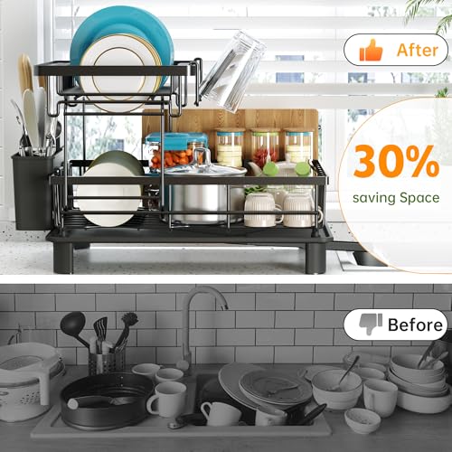 2 Tier Large Detachable Dish Drying Rack for Kitchen Counter,Black | Compact Drying Rack Kitchen, Rust-Resistant Dish Drainer Organizer, Space-Saving Dish Racks with Drainboard, Utensil Holder - color: 2 Tier-black