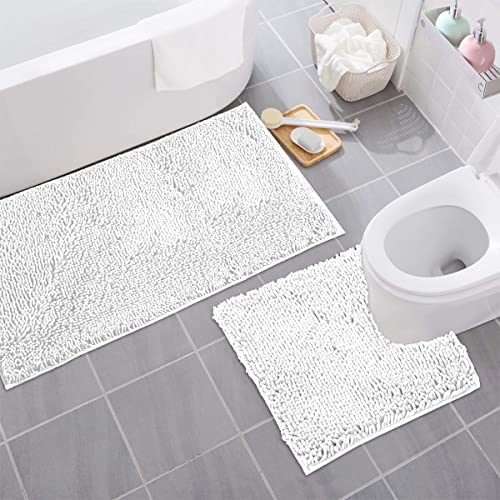 Bathroom Rugs Sets 2 Piece, Luxury Chenille Bath Mat Set, Soft Plush Anti-Slip Bath Rug + U-Shaped Toilet Mat. Microfiber Shaggy Carpet, Super Absorbent (24” x 36” & 20” x 24” U, White) - color: White, size: 2 Piece Set - Large