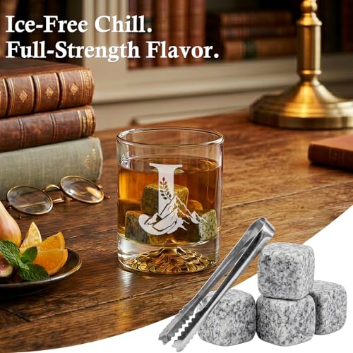 Personalized Whiskey Glass Gift Set for Men – Monogrammed Initial Rocks Glass with Slate Coaster, Wooden Box & Whiskey Stones, Birthday Father's Day for Him Dad Husband (J) - style: J