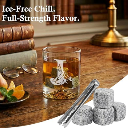 Personalized Whiskey Glass Gift Set for Men – Monogrammed Initial Rocks Glass with Slate Coaster, Wooden Box & Whiskey Stones, Birthday Father's Day for Him Dad Husband (J) - style: J