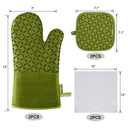 KEGOUU Oven Mitts and Pot Holders 6pcs Set, Kitchen Oven Glove High Heat Resistant 500 Degree Extra Long Oven Mitts and Potholder with Non-Slip Silicone Surface for Cooking (Olive Drab) - color: Olive Drab