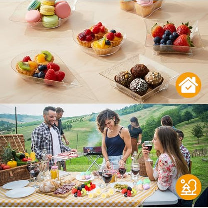200 Pcs Mini Appetizer Plates Dessert Cups Set, Plastic Party Trays | Disposable Tasting Serveware for Weddings Events Birthday, Gold,6 Shapes with 50 Spoons 50 Forks 100 Plates,Lightweight