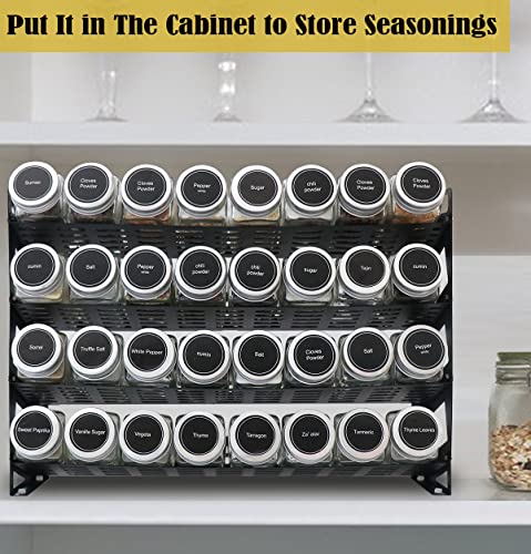 4 Tier Spice Rack Organizer with 32 Square Spice Jars and 160 Spice Labels Set for Kitchen Cabinet Countertop Pantry or Wall Mount, Matte Black - size: 4 Tier With Jars