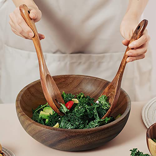 AOOSY Acacia Wood Salad Bowl Set of 3, 9Inch Handmade Wooden Salad Bowl | with Serving Spoon & Fork, Salad Mixing & Serving Set - size: 9inchX2.78inch