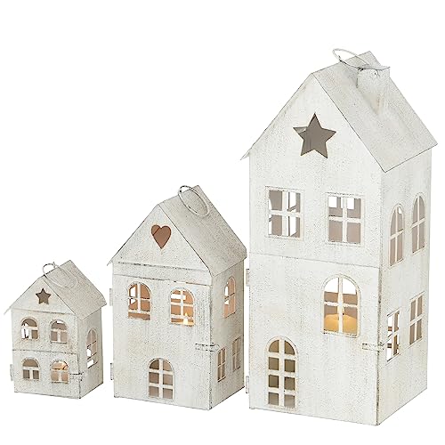Main Street Town House Candle Lanterns, Set of 3 | Vintage Style, Heart and Star Details, Rustic White, Metal, 13.75, 8.25 and 5" - color: Rustic White With Stars and Hearts