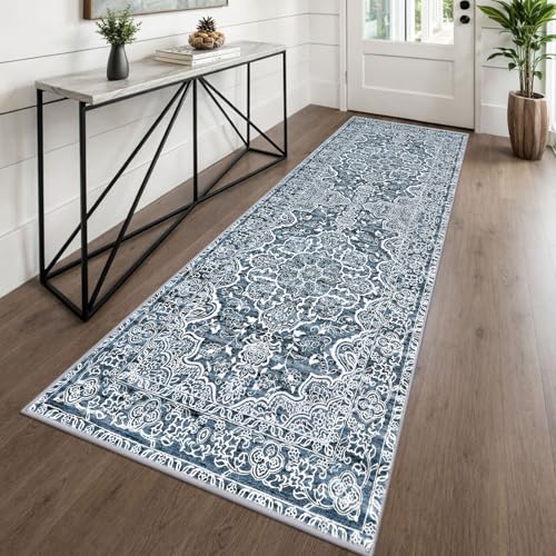 KUTA Vintage Washable Runner Rug 2.6x8 Runners for Hallways Blue White | Non-Slip, Non-Shedding, Low Pile, Easy Clean Distressed Flower Runners For Bathroom Kitchen Entryway Bedroom Laundry Foyer - color: Blue Floral, size: 2'7" x 8' (Runner)