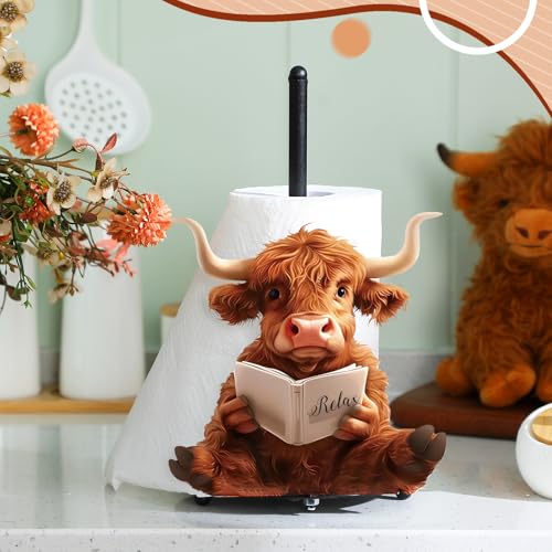 Highland Cow Paper Towel Holder Countertop Kitchen Decor and Accessories Black Metal Farmhouse Large Tissue Stand for Home Bathroom 3D Cow Hand Painting Pattern Farm Table Decor Gifts - style: Highland Cattle