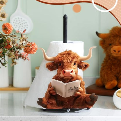Highland Cow Paper Towel Holder Countertop Kitchen Decor and Accessories Black Metal Farmhouse Large Tissue Stand for Home Bathroom 3D Cow Hand Painting Pattern Farm Table Decor Gifts - style: Highland Cattle