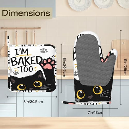 Funny Baker Black Cat Oven Mitts and Pot Holders Sets of 4 PCS, I’M Baked Too Oven Gloves Potholder for Kitchen Cooking Baking BBQ Heat Resistant - color: Funny Baker Black Cat