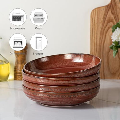 HAPPY KIT Stoneware 9'' Pasta Bowls 42oz Set of 4, Rust Red | 42 Oz, Stoneware Reactive Glaze, Ceramic Serving Bowls for Fruit, Soup, Noodle, Dinner, Scratch Resistant - color: RustRed