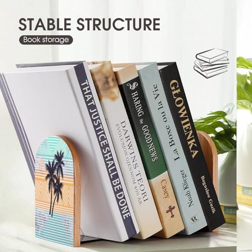 Palm Tree Geometric Pattern Bookends Wooden Bookend with Metal Base Non-Slip Book Stopper Heavy Duty Wood Book End Modern Bookends for Shelves for Bookshelf Office Supplies 1 Pair