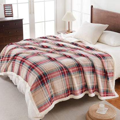 PU MEI Sherpa Fleece Throw Blanket 80" x 90" Reversible Plush Fluffy Large Big Blanket Lattice Flannel Blankets for All Season Use, Chrismas Red - color: Chrismas Red, size: 80"*90"