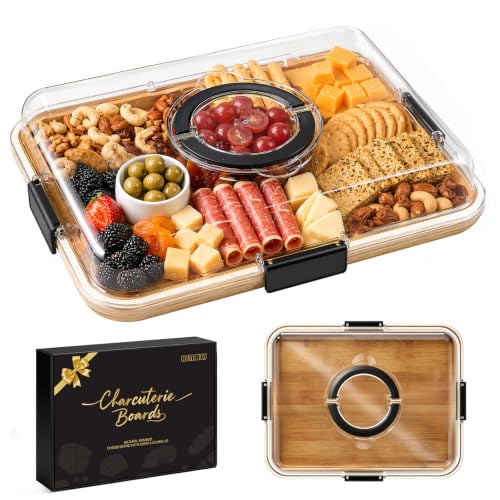 Portable Charcuterie Boards with Lid, Cheese, Veggie & Snack Tray | Clear Lid Keeps Food Fresh, Travel Portable Board for Kitchen, Picnic and Party, House Warming Gifts New Home - color: 1 Compartment Carbonized Black