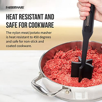 Farberware Meat Masher and Chopper Tool with 5 Beveled Blades - Ground Beef Chopper, Potato Masher, Batter Stirrer - Heat Resistant to 450 F, Dishwasher Safe - color: Black
