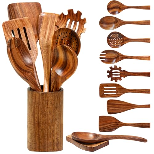 10 Pcs Teak Wooden Utensil Set, Wooden Spoons for Cooking | Non-Toxic & Nonstick Safe Kitchen Utensil, Durable Comfort Grip, Heat Resistant Wood Cookware with Holder and Spoon Rest - size: 10 Pieces Set