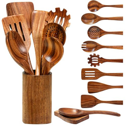 10 Pcs Teak Wooden Utensil Set, Wooden Spoons for Cooking | Non-Toxic & Nonstick Safe Kitchen Utensil, Durable Comfort Grip, Heat Resistant Wood Cookware with Holder and Spoon Rest - size: 10 Pieces Set
