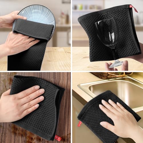 100% Cotton Waffle Weave Kitchen Dish Cloths, 6 Pack Ultra Soft Absorbent, Quick Drying Dish Towels, 12x12 Inches, Dish Rags for Drying Dishes & Daily Kitchen Use, Black - color: Black