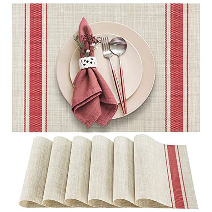 DACHUI Placemats Set of 6, Heat Resistant, Washable Woven Vinyl Place Mats - color: Red Stripes, size: 6PCS