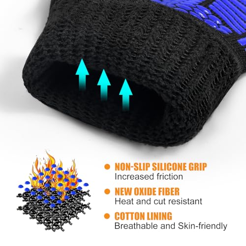 BBQ Gloves, 1472°F Heat Resistant with Silicone Grip Oven Mitts | Non-Slip Grip, for BBQ, Grilling, Oven, Smoker, Cooking and Baking - color: Blue, size: Long (Glove L 13.78" × Palm W 6.33")