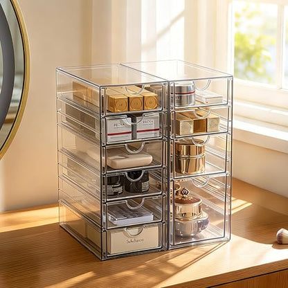 Prsildan Hair Accessories Organizer Acrylic Drawer with 10 Drawers | Clear, Craft Art Supply Storage, For Office Desk Bathroom Vanity Countertop, Set of 2 - size: 10 Drawers
