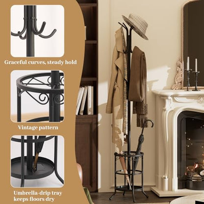 Coat Rack Freestanding with Umbrella Holder – Metal Hanger Stand, Hall Tree with 12 Hooks, Entryway Organizer for Hats, Bags, and Clothes (Black) - color: Black