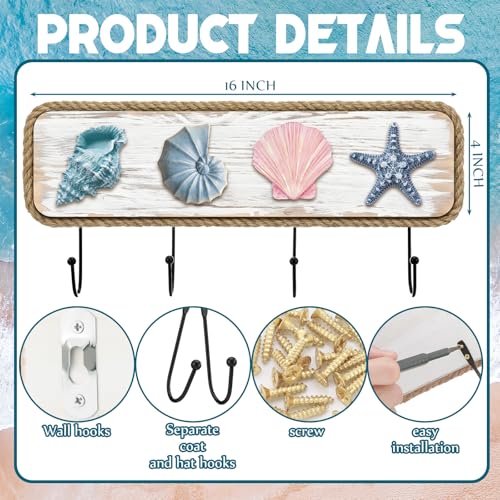 Coastal Beach Towel Hooks Nautical Coat Rack Wooden Seashell Wall Hooks with Screw Summer Ocean Theme Beach House Decor for Entryway Bathroom Hats Keys Towels - style: Beach
