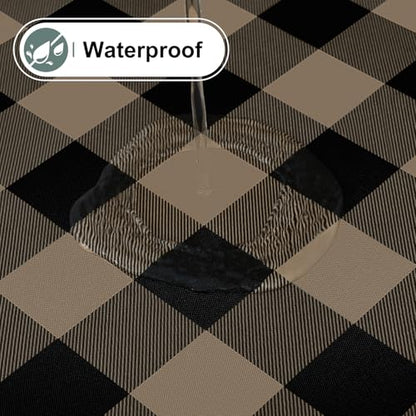 Round Waterproof Vinyl Table Cloth, Buffalo Flannel Backed Tablecloth, Wipeable Plastic Table Cover for Dinner, Kitchen, Picnic (60", Black and Khaki) - color: Black and Khaki, size: 60" (Round)