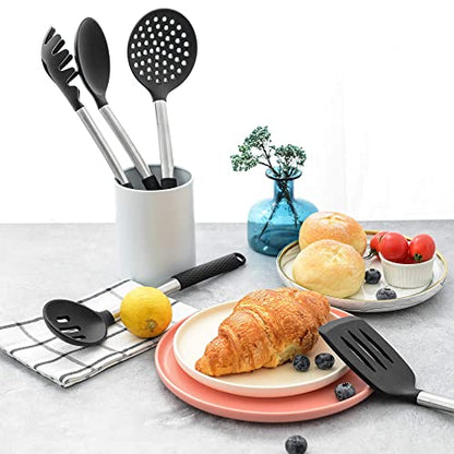 Silicone Cooking Utensil Set: 12 Pieces Kitchen Utensils Non-Stick & Heat Resistance Silicon And Stainless Steel Handles - Black