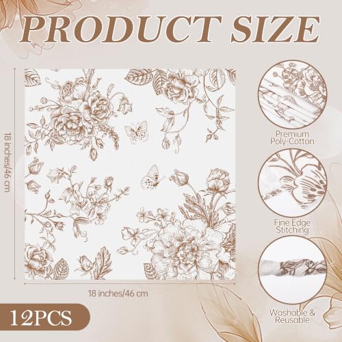 Kochorie 12 Pieces Fall Floral Cloth Napkins, 18 x 18 Inch Brown Reusable Soft Fabric Napkins, Autumn Table Dinner Napkin for Fall Thanksgiving Tea Party Holiday Home Kitchen Wedding Restaurant - color: Brown