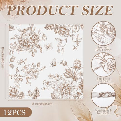 Kochorie 12 Pieces Fall Floral Cloth Napkins, 18 x 18 Inch Brown Reusable Soft Fabric Napkins, Autumn Table Dinner Napkin for Fall Thanksgiving Tea Party Holiday Home Kitchen Wedding Restaurant - color: Brown