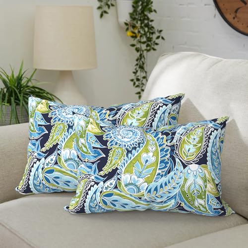DYTXIII Pack of 2 Waterproof Outdoor Lumbar Pillow with Inserts, 12x20 in Rectangle Decorative Patio Throw Pillow for Home, Sofa,Bench and Patio Furniture, Paisley Lapis Green - color: Paisley Lapis Green, size: 12x20 Inch (With Inserts)