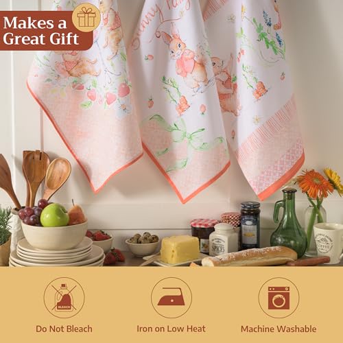 Maison d' Hermine Kitchen Towels Set of 3 Reusable 100% Cotton 27.50" x 20" | Cloth Tea Dish Towels Absorbent with Hanging Loop for Kitchen Dining Party Wedding Hotel Home Spring Summer - Bunny Party - color: 008 - Bunny Party
