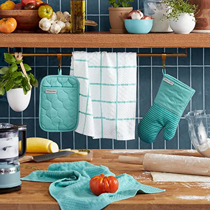 KITCHENAID Quilted Cotton Terry Cloth Oven Mitt, Pot Holder, Kitchen Towel 4-Pack Set, Heat Resistant, Silicone Grip, 16"x26", 7"x13" & 7"x10", Aqua Sky - color: Aqua Sky