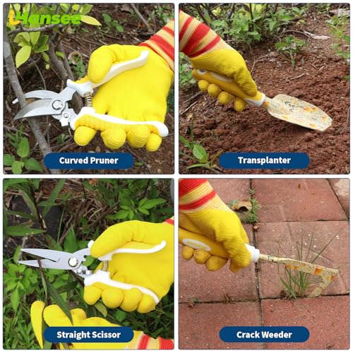Yellow Garden Tools Set 10 Pieces, Gardening Gifts for Women | Aluminum Alloy Steel Hand Tool Kit w/Non-Slip Ergonomic Handle, Floral Print Garden Supplies Organizer Handbag, Gardening Set - color: yellow