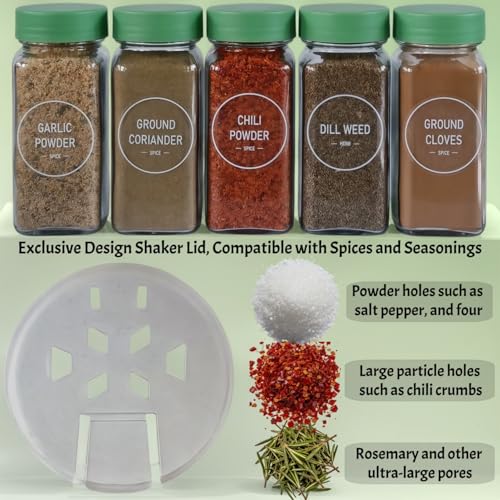 Spice Jars with Labels - 24 Glass Spice with Shaker Lids & Airtight Plastic Caps - 4oz Complete Seasoning Containers Organizer Set for Cabinet, Drawer & Rack (Green) - color: Green