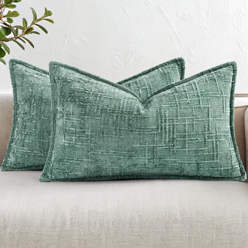 decorUhome Chenille Decorative Throw Pillow Covers 12x20 Set of 2, Aqua | Soft Texture, Slubby Modern Design, Flange Edges, Cozy Lumbar Accent Pillow Covers for Couch, Sofa, Bed, Living Room - color: Aqua, size: 20" x 12" (Pack of 2)