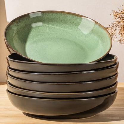 LERATIO 9.0" Ceramic Pasta Bowls Set of 6,38oz Large Stoneware Bowls Set | Reactive Glaze Serving Bowls Set,Wide Bowl for Pasta,Salad,Fruit & Noodles,Housewarming & Wedding Gift-Light Green - color: Light Green, size: Set of 6