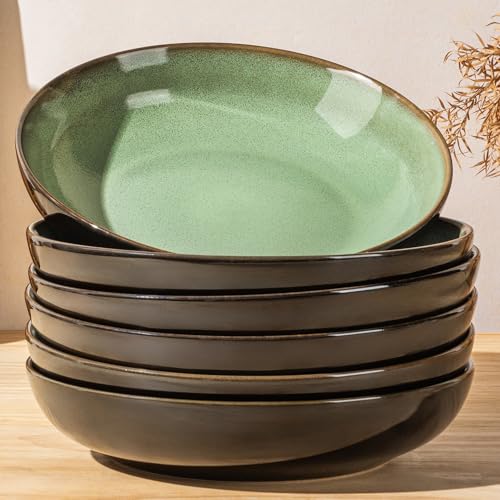 LERATIO 9.0" Ceramic Pasta Bowls Set of 6,38oz Large Stoneware Bowls Set | Reactive Glaze Serving Bowls Set,Wide Bowl for Pasta,Salad,Fruit & Noodles,Housewarming & Wedding Gift-Light Green - color: Light Green, size: Set of 6