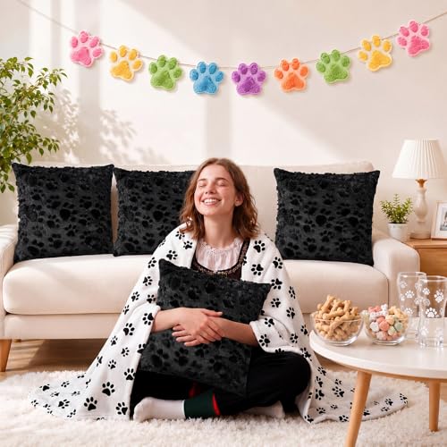 Tiamon 4 Pcs Paw Pillow Covers Paw Print Throw Pillow Covers 18 x 18 Inch Animal Pet Dog Cat Footprints Plush 3D Faux Fur Jacquard Embroidered Cushion Cases for Bed Sofa Couch Decorations - style: Black Paw