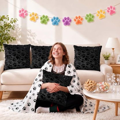 Tiamon 4 Pcs Paw Pillow Covers Paw Print Throw Pillow Covers 18 x 18 Inch Animal Pet Dog Cat Footprints Plush 3D Faux Fur Jacquard Embroidered Cushion Cases for Bed Sofa Couch Decorations - style: Black Paw